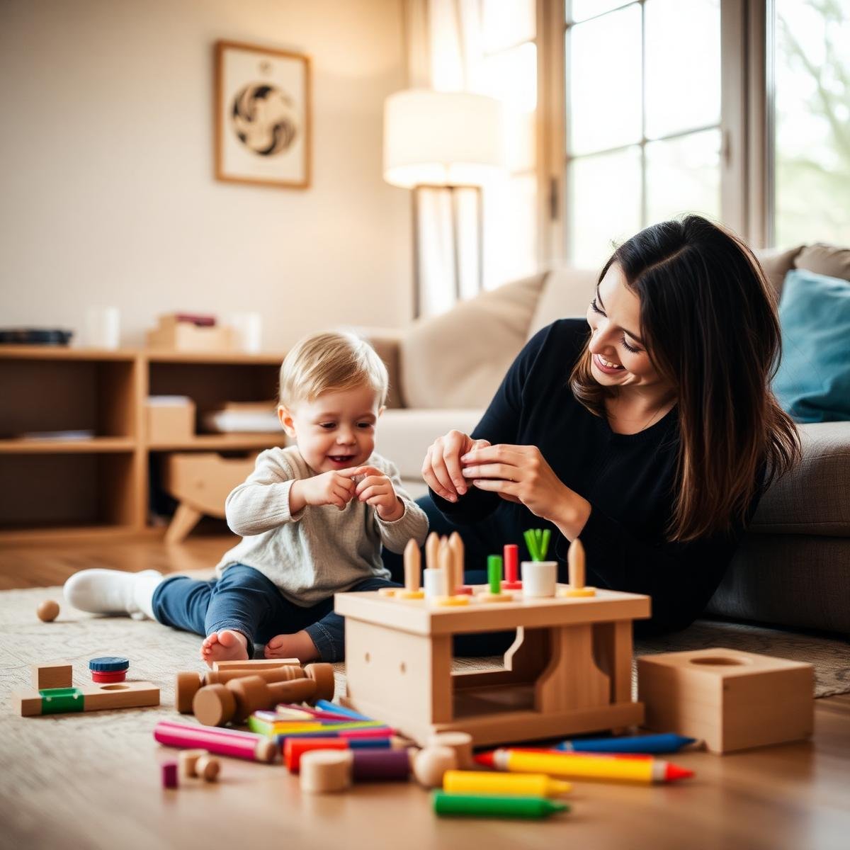 Mãe e filho brincando juntos no chão da sala